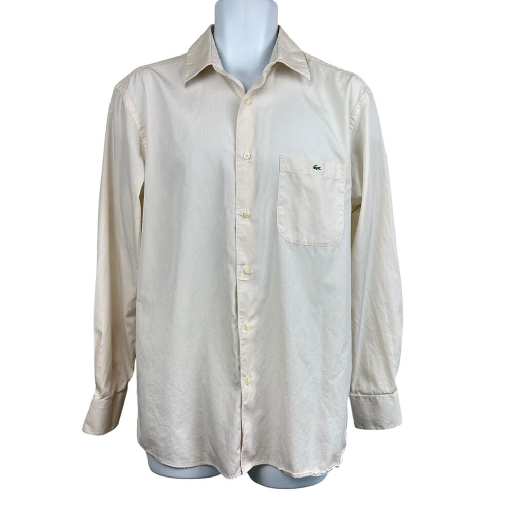 Lacoste Cream Button Front Long Sleeve Shirt Size 42 Large with Crocodile Logo